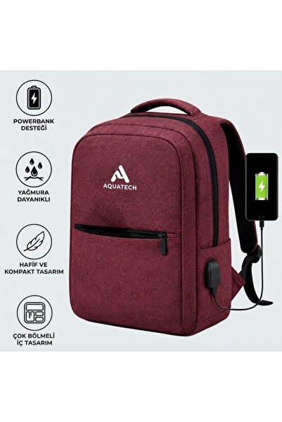 Bordo Laptop Sırt Çantası, Bilgisayar Korumalı İç Bölmeli Notebook Çantası, Organizer Cepli ve USB Şarj Portlu
