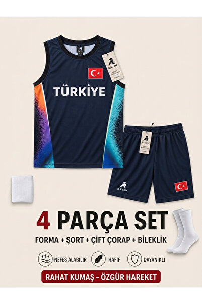 The RAVEN PREMİUM TÜRKİYE ÖZEL SERİ MAVİ SİYAH BASKETBOL FORMASI 4 PARÇA FORM...