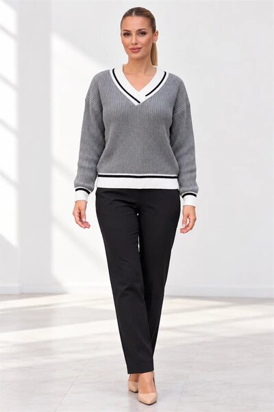 hazelin Women's Gray V-Neck Contrast Stripe Detailed Long Sleeve Knitwear Swe...