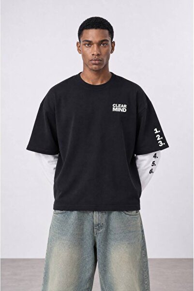 Respire Υπερμεγέθες Μαύρο Βαμβακερό T-Shirt με Λευκό Μακρυμάνικο Διπλό Μανίκι...