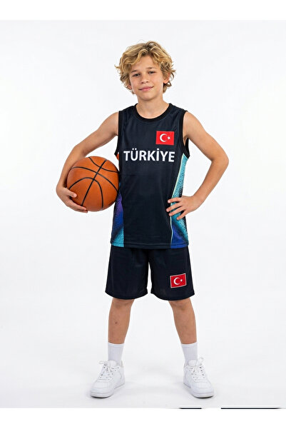 The RAVEN TÜRKİYE ÇOCUK BASKILI MAVİ SİYAH BASKETBOL FORMASI 2'Lİ SET FORMA +...