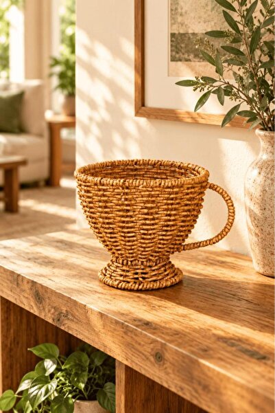 Atbyhome Doğal Hasır Rattan Kupa Formunda Ayaklı Sepet 15x13 cm - Kulplu Masa...