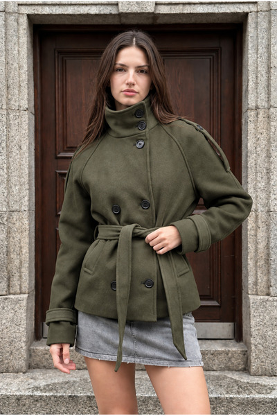 unika boutique Women's Stand Collar Belted Cashmere Short Coat
