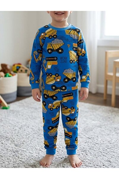 %100 Pamuklu Erkek Çocuk Kamyon ve Kepçe Baskılı Pijama Takımı - Alt Üst Set