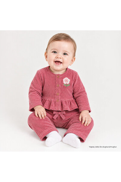 Bebetto Kız Bebek Sweatshirt-Hırka-Alt Çiçek Baskılı Düğmeli Bisiklet Yaka Lo...