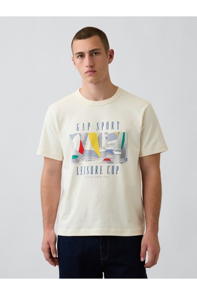 GAP Erkek Krem Sport Heavyweight Grafik Baskılı T-Shirt