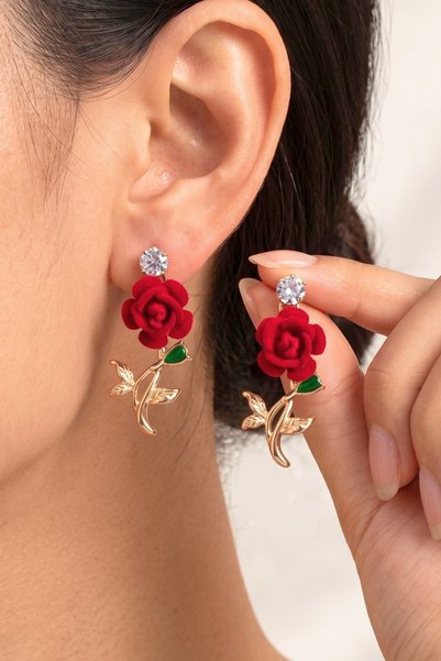 Elika Silver Women's Zircon Stone Red Rose Earrings