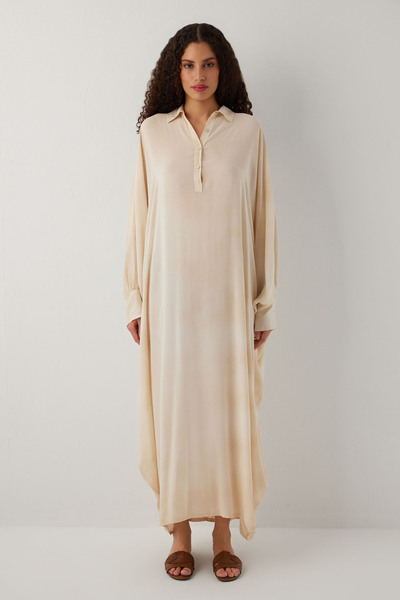 İpekçi Otantik Earth Dye Collared Batik Dress Beige
