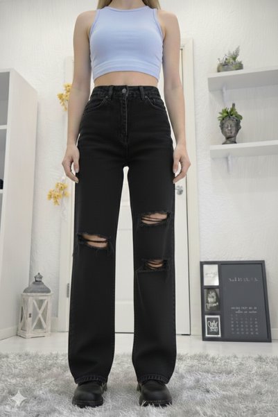 DRC trend Women's Black Ripped Jeans High Waist Black Ripped Jeans Ripped Loo...