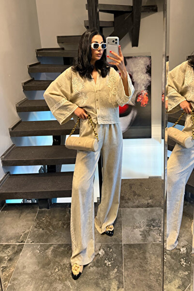 Seda Yalçın Atelier Bej Nakış Detaylı Gömlek Ve Pantolon Takım