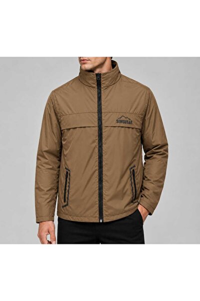 Sınwear Men's Tan Spring Season Water and Wind-Resistant Coat Stand Collar Seasonal Zippered Sports Outdoor Jacket