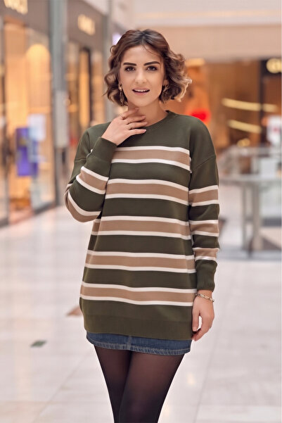 Nevin Kaya Moda Khaki Striped Sweater