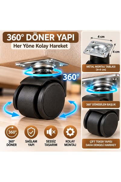 Ratemo Mobilya Ratemo 4’lü 360° Döner Mobilya Tekerleği – Metal Tablalı Puf, ...