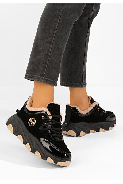 B T Shoes Γυναικεία γούνινα σνίκερς Καφάρα μαύρα