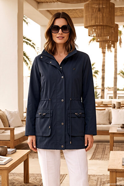 Levidor Front Zipper and Snap Detail Drawstring Waist Trench Coat 560043 Navy...