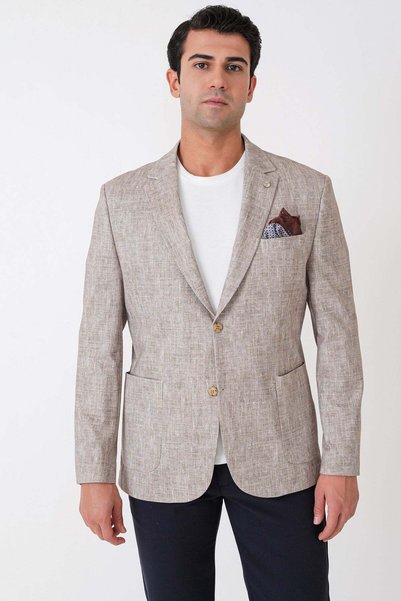 Efor Slim Fit Jacket with Pocket Bags, Gray Woven Stretch Cotton, Beige Jacke...