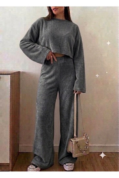 Rosy Live in style Women's Plush Fabric Crop Sweatsirt High Waist Wide Leg Pa...
