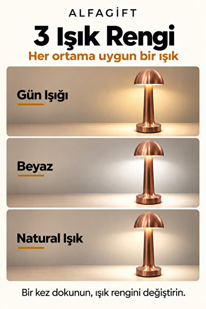 ALFAGİFT Şarjlı Dokunmatik LED Mantar Masa Lambası 3 Işık Tonlu Dimmerli Type-C Kablosuz Abajur Gece Lambası