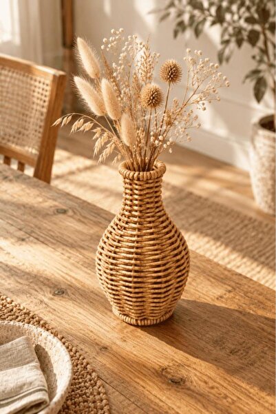 Atbyhome Doğal Hasır Rattan Amfora Çiçek Vazosu 16 cm - Masa Üstü Dekoratif E...