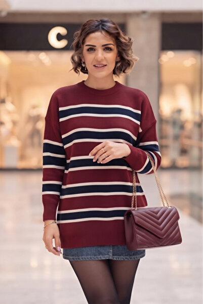 Nevin Kaya Moda Burgundy Striped Sweater