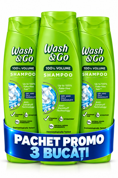 WASH&GO Pachet 3 x Șampon Wash & Go 100% Volume, 180 ml/bucată. Cantitate tot...