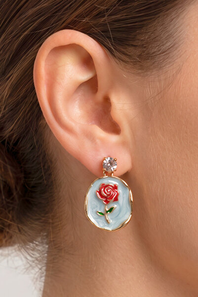 Elika Silver Vintage Earrings with Red Rose Motif