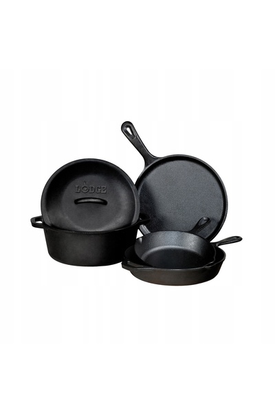 Lodge Set de fontă 5 piese. Tigaie de 20+26 cm, plită, oală de 4,7 L