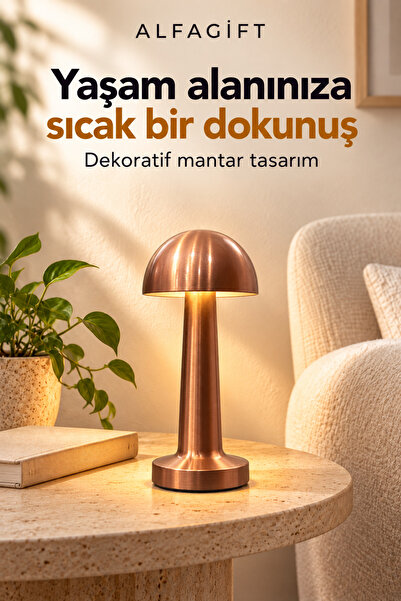 ALFAGİFT Şarjlı Dokunmatik LED Mantar Masa Lambası 3 Işık Tonlu Dimmerli Type-C Kablosuz Abajur Gece Lambası