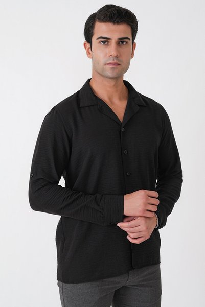 Efor Comfort Fit Apaş Collar Foldable Sleeves Black Linen Shirt g 1613