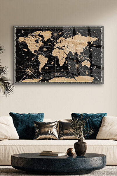 TAULART Black Gold Vintage World Map Patterned Glass Table Home Office Gift