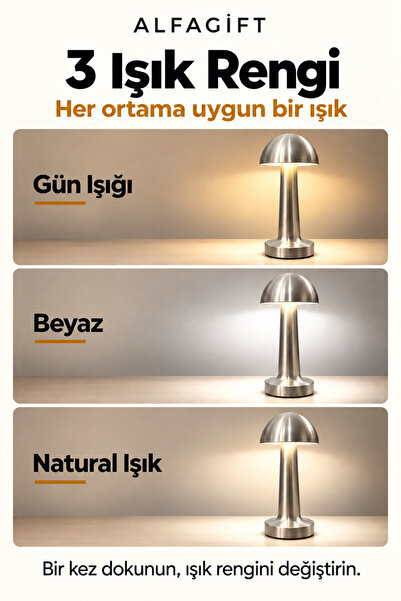 ALFAGİFT Şarjlı Dokunmatik LED Mantar Masa Lambası 3 Işık Tonlu Dimmerli Type-C Kablosuz Abajur Gece Lambası