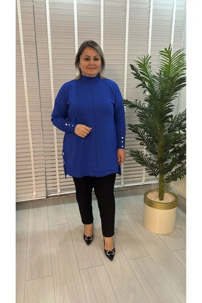 Kadın Büyük Beden Yarım Balıkçı Yaka Kol Düğme Detaylı Triko Tunik Oversize Dökümlü Kazak