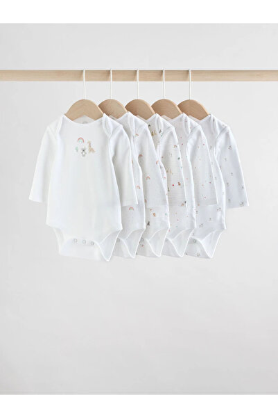 Next Baby 100% Cotton Animal Patterned Long Sleeve 5-Piece Baby Bodysuit Alya...