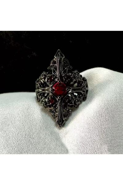 Siyah Kırmızı Taşlı Gotik Yüzük