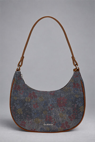 Housebags Smoke Grey Denim Vintage Floral Hobo – Women's Shoulder Bag with Co...