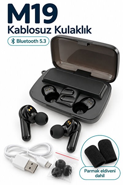 M19 Bluetooth 5.3 Kablosuz Kulak İçi Kulaklık Dijital Şarj Göstergeli Şarj Kutulu Parmak Eldiveni Dahil Siyah
