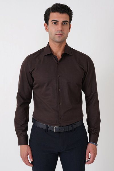Efor Slim Fit Cotton Satin Classic Brown Shirt Gk 604