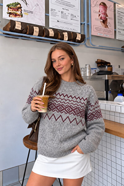 SERABLANKA Women's Crew Neck Nordic Pattern Oversize Knitwear Sweater