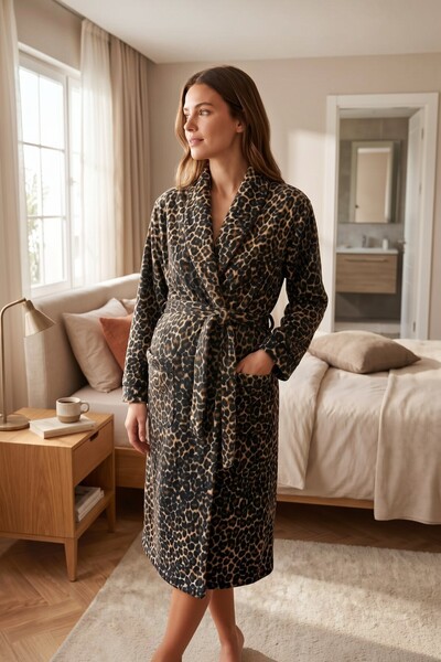 Miss Dünya Lissa Leonia Maternity and Postpartum Leopard Patterned Fleece Dre...