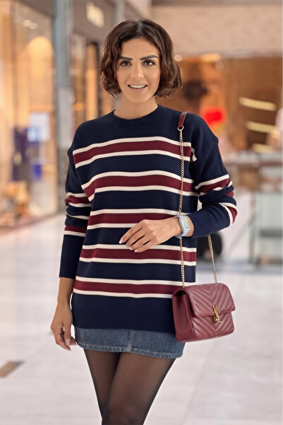 Nevin Kaya Moda Navy Blue Striped Sweater
