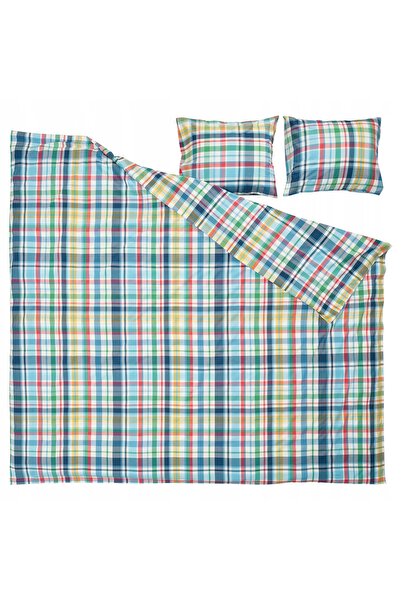 IKEA HÖSTGENTIANA Husă de pilotă și 2 fețe de pernă, în carouri, 200x200/50x6...