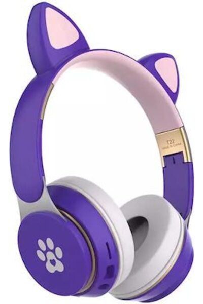 OEM Ασύρματα/Ενσύρματα On Ear Ακουστικά T22 Cat Ear Μωβ