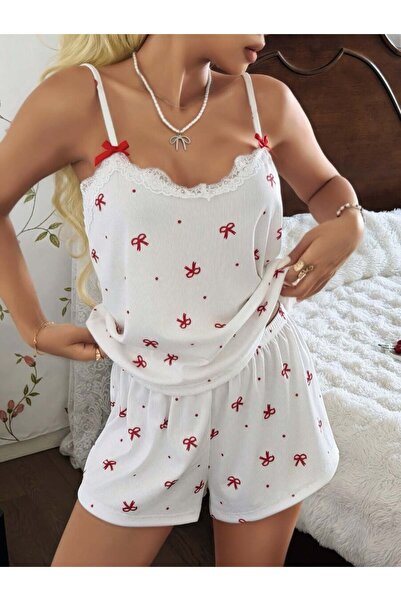 Fantezia Night Women's Ecru Thin Strap Shorts Pajama Set 5244