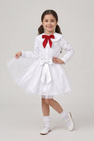 FATELLA Girl's Red Scarf Polka Dot Doll Collar White Long Sleeve Shirt White ...
