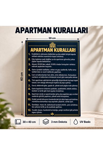 Pass Pano Apartman Kuralları Levhası 30×40 cm – 3 mm Dekota UV Baskı Lacivert Gold Bina ve Site Uyarı Tabelası