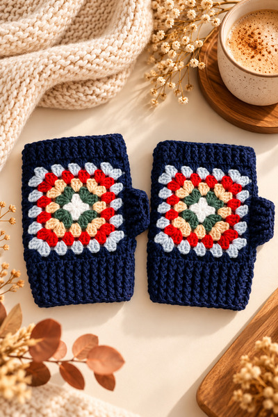 Awesomecrochet Women's Adult Fingerless Knitted Gloves Navy Blue – Colorful Patterned Hand Warmer Gloves