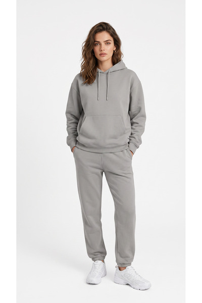 BADESSA Women's Gray Elastic Cuffed Kangaroo Pocket 3 Thread Hooded Sweatshir...