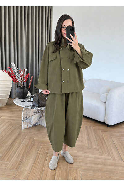 My Blog Army Green Snap Fastener Jacket and Pants Set - 51460