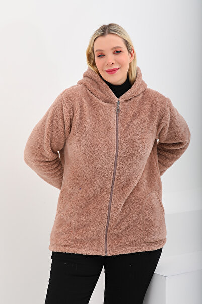 Kardelen Butik Ümraniye Cardigan Plush Hooded Mink Color