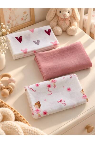 Fulya Tuhafiye 100% Cotton 3-Piece Muslin Baby Blanket Set Oeko-Tex Certified Muslin Blanket 80 X 90 cm